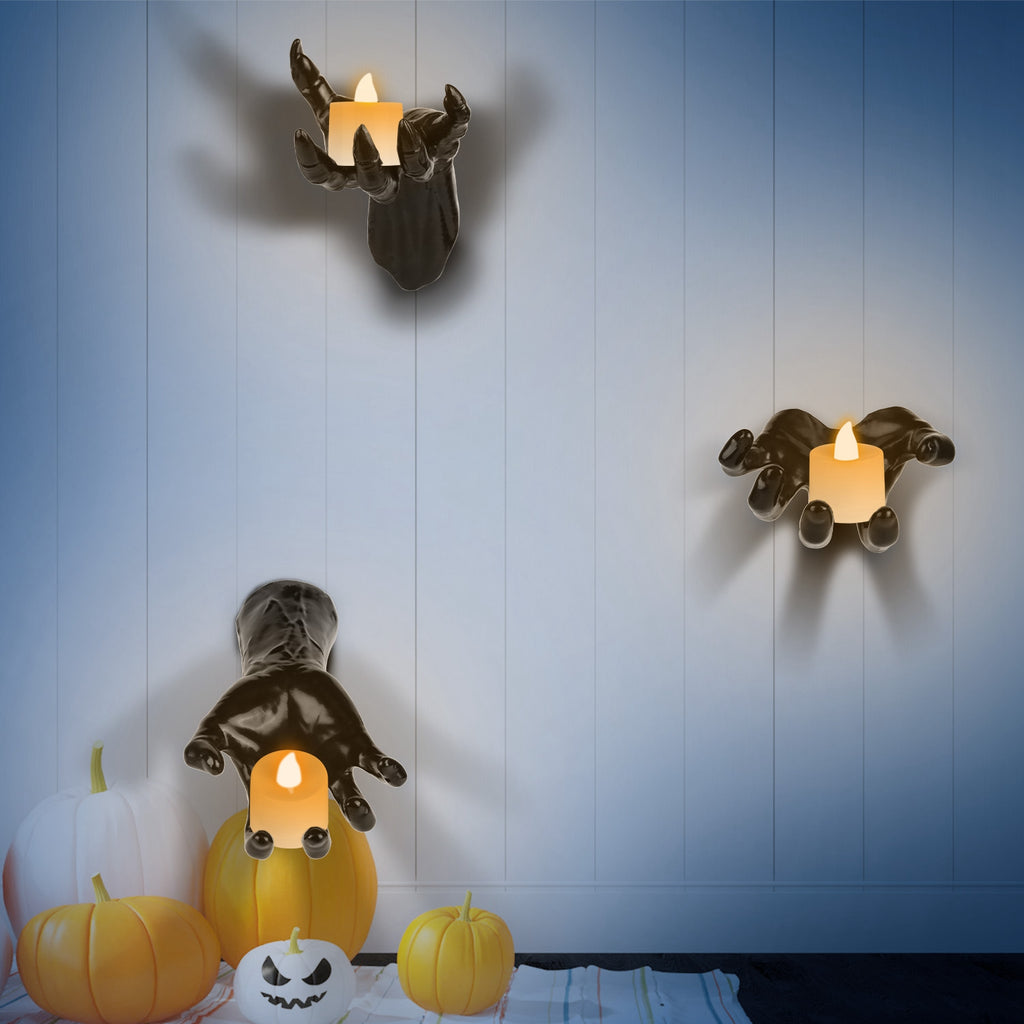 3Pcs Creepy Reaching Hands With Lighted Candles Wall Mounted Halloween Decoration Witch Devil Hand Aesthetic Goth Gothic Life Sized Horror Hands Hanging Sculpture