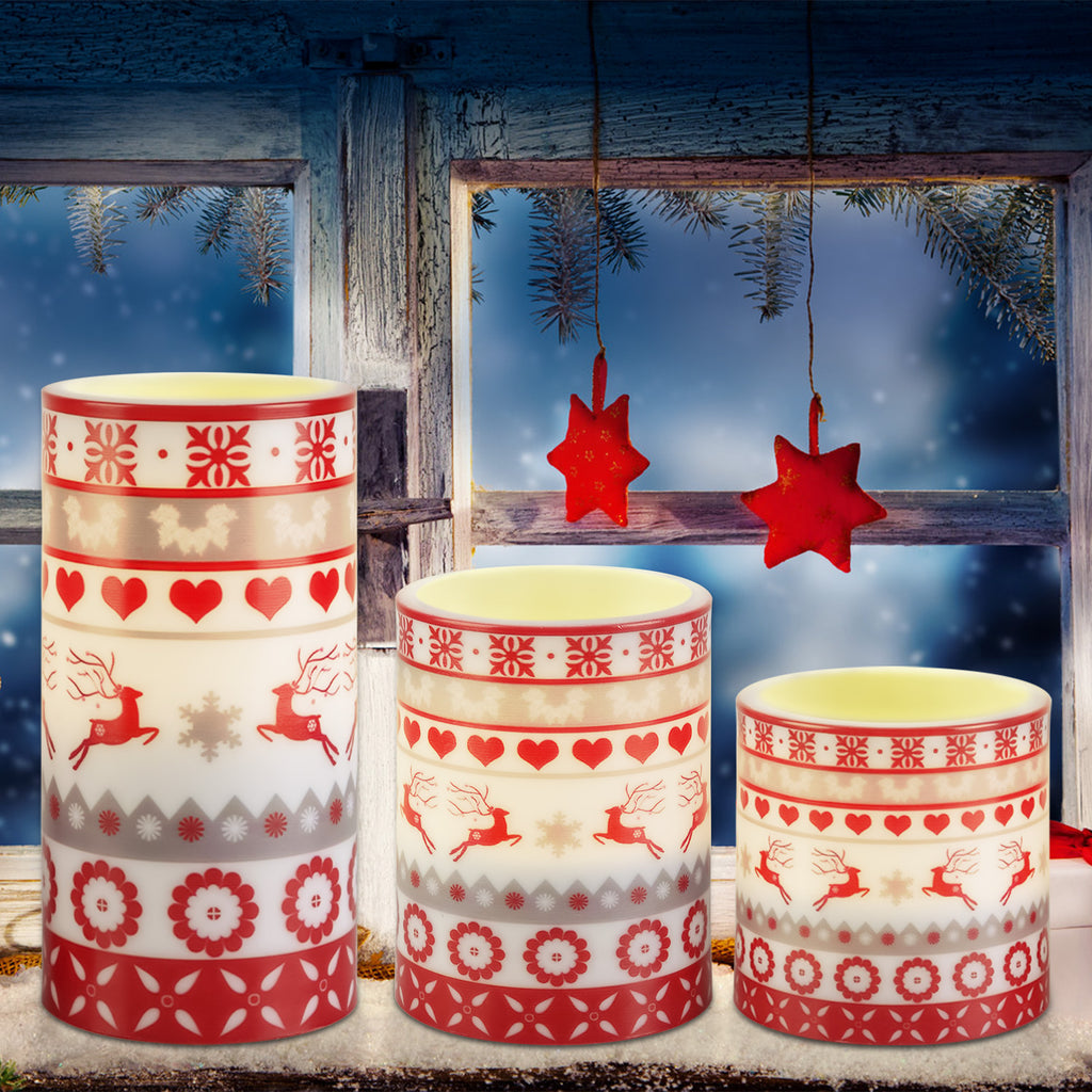 3Pack Christmas Flameless LED Candles Deer Flickering Candle Lights Pillar Candles With 3 Lighting Modes Timer Remote Control