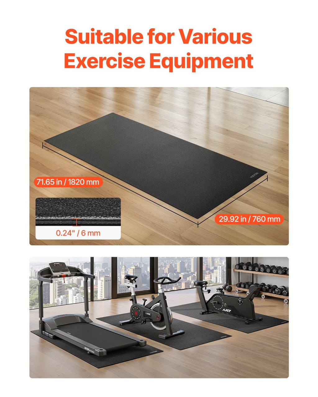 Treadmill Mat For Carpet Floor, 1/4" Thick, 30" X 72" Exercise Equipment Mat For Treadmills, Stationary & Recumbent Bikes, High Density PVC Floor Protector, Waterproof And Non-slip For Home Gym