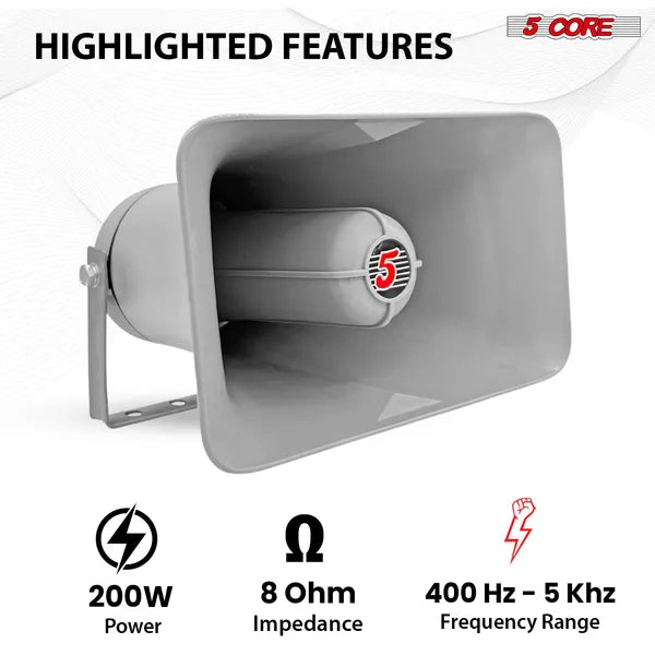 5 Core PA Horn 200W Loud Speaker 10 Inch Bull Horn Loud Audio 8Ohm All Weather Indoor Outdoor Use