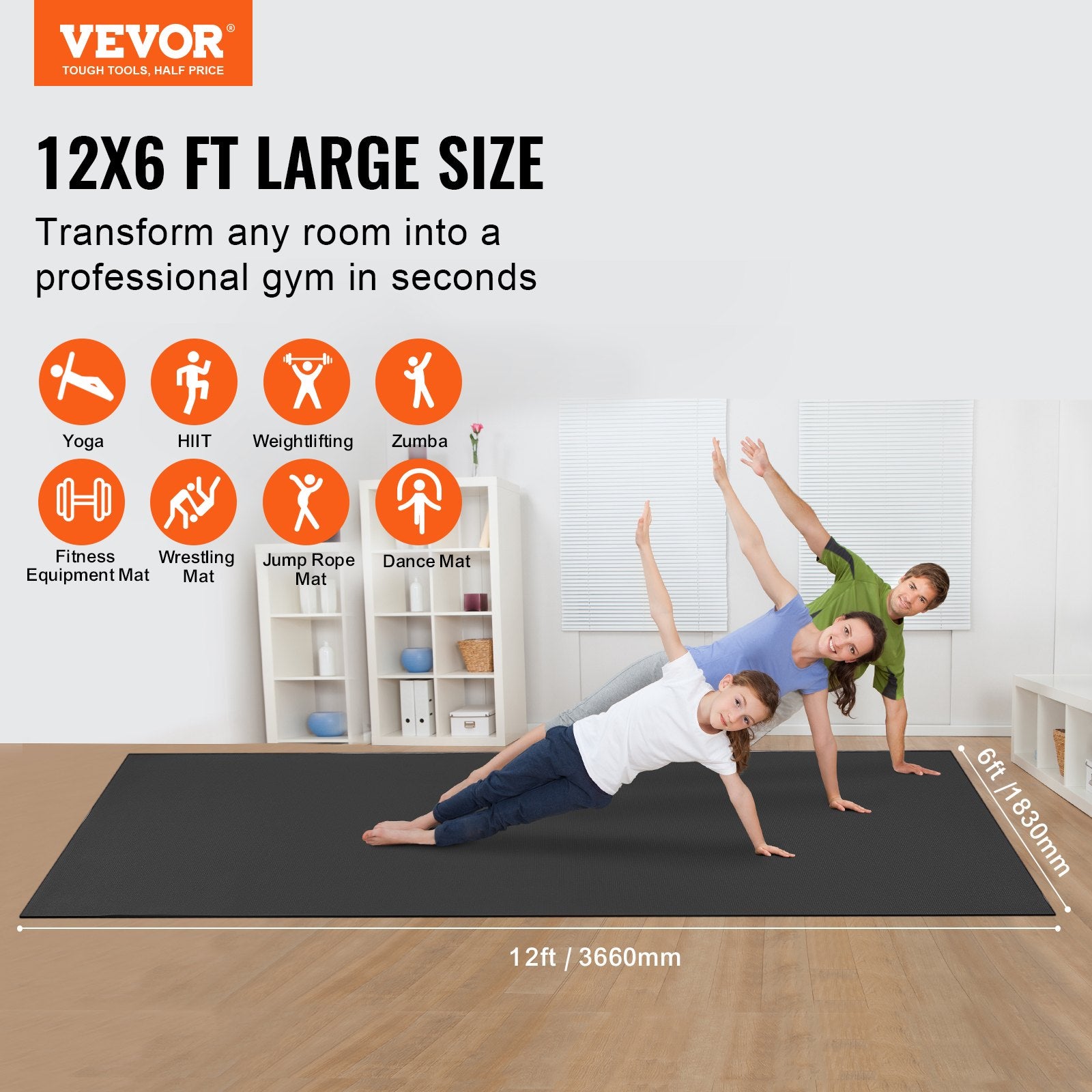 Exercise Mat Non Slip Yoga Mat Gym Fitness Pilate Workout Mat (3.7x1.8 M)
