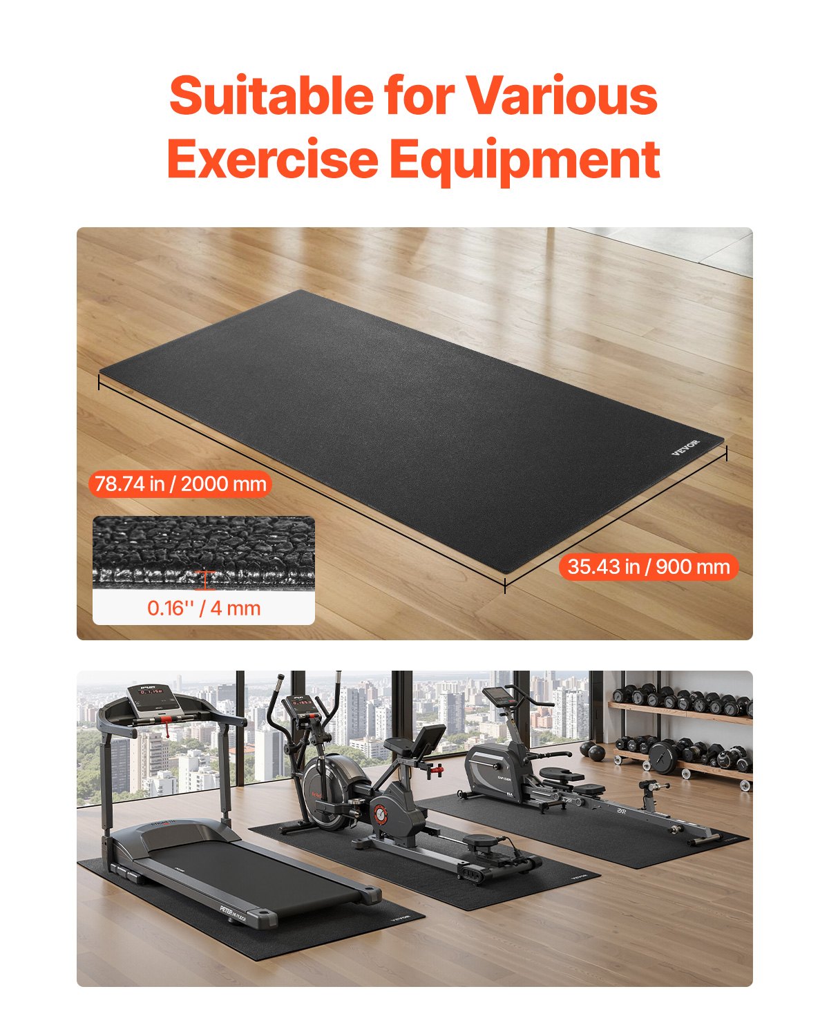 Treadmill Mat For Carpet Floor, 35.5in X 78.7in X 0.16in Exercise Equipment Mat For Treadmills, Elliptical, Rowing Machine, High Density PVC Floor Protector, Waterproof And Non-slip For Home Gym