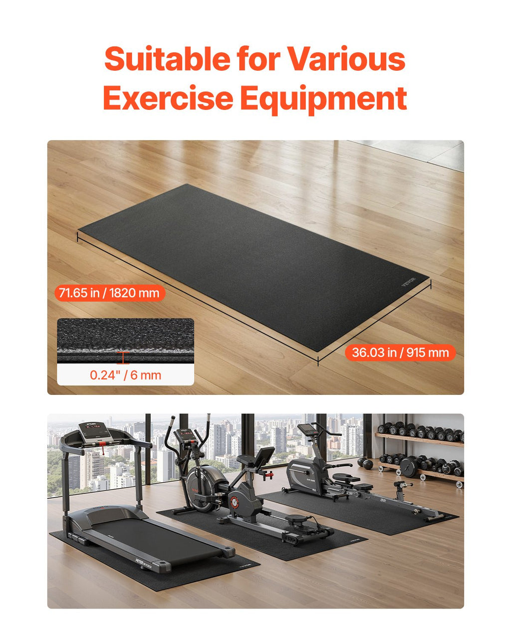 Treadmill Mat For Carpet Floor, 1/4" Thick, 36" X 72" Exercise Equipment Mat For Treadmills, Elliptical, Rowing Machine, High Density PVC Floor Protector, Waterproof And Non-slip For Home Gym